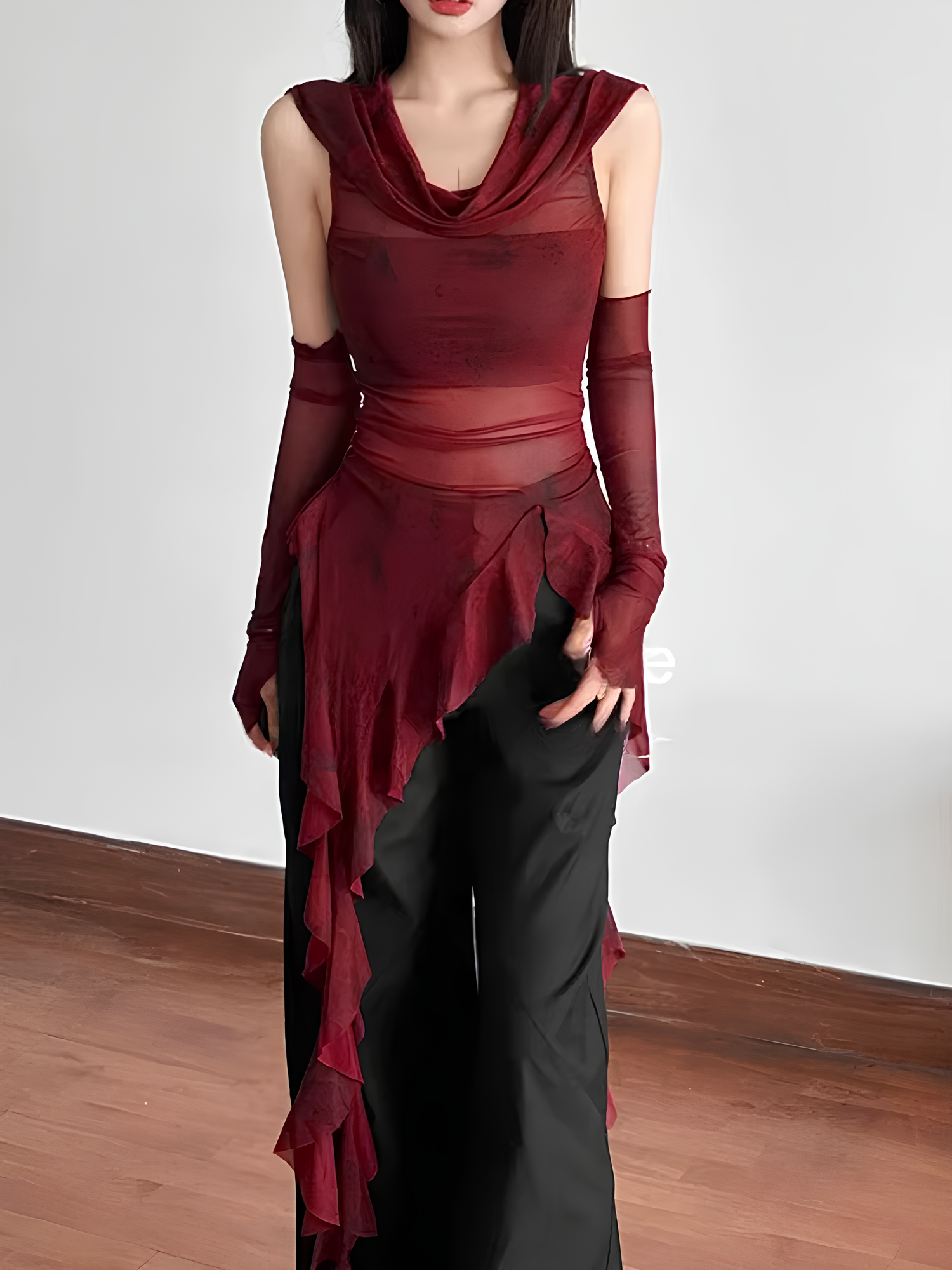 Y2K Vintage 90s Grunge Mesh Hooded Top – See-Through Ruffle Hem Slim Streetwear Blouse Tops LUNARITY GARAGE