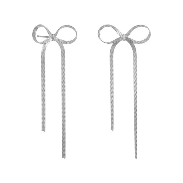 Long Tassel Bow Aesthetic Earrings earrings LUNARITY GARAGE Silver  