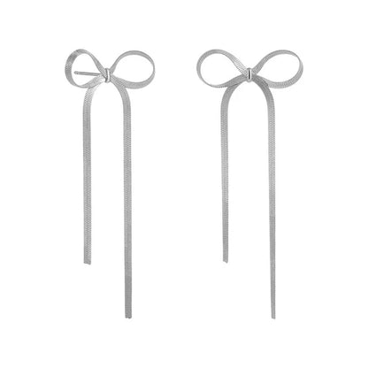 Long Tassel Bow Aesthetic Earrings earrings LUNARITY GARAGE Silver  