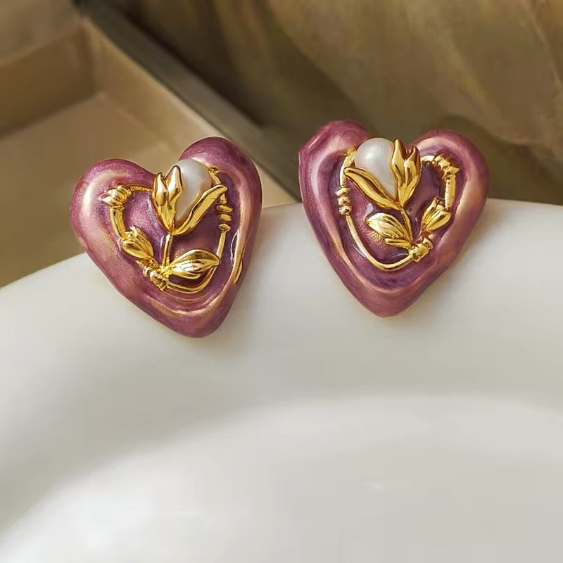 Retro Minimal Dusty Rose Enamle Heart Stud Earrings earrings LUNARITY GARAGE   