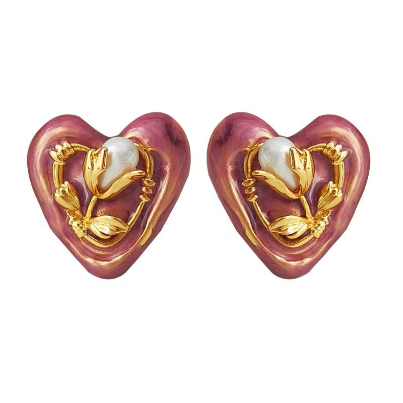 Retro Minimal Dusty Rose Enamle Heart Stud Earrings earrings LUNARITY GARAGE