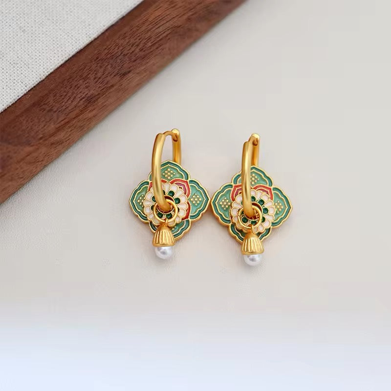 Vintage Asian Style Elegant Green Flower Earrings earrings LUNARITY GARAGE   