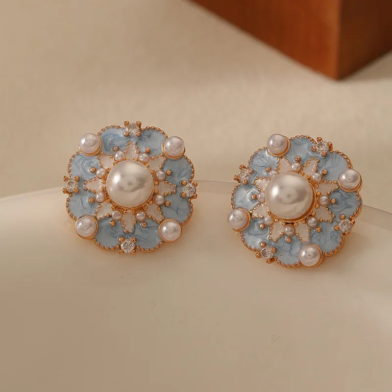 Cute Minimalist Simulated Pearl Soft Blue Flower Earrings earrings LUNARITY GARAGE   