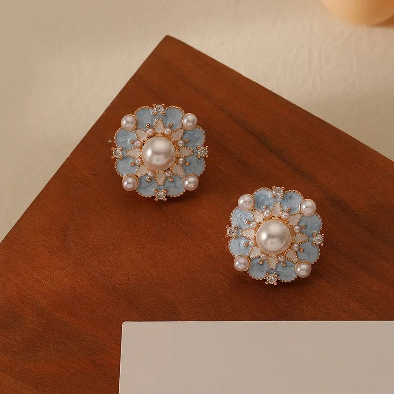 Cute Minimalist Simulated Pearl Soft Blue Flower Earrings earrings LUNARITY GARAGE   