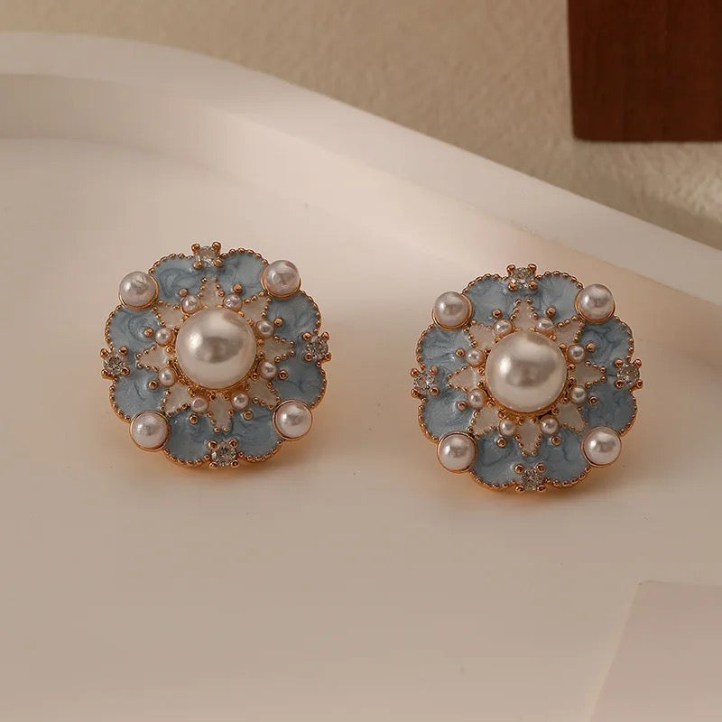 Cute Minimalist Simulated Pearl Soft Blue Flower Earrings earrings LUNARITY GARAGE   