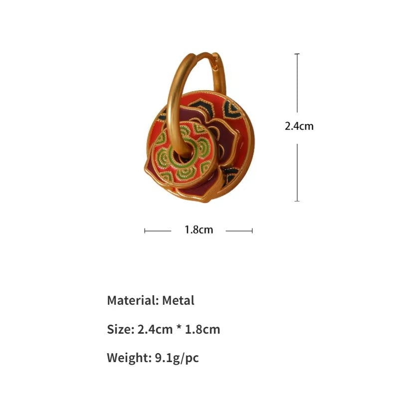 Retro Round Circle Buckle with Colorful Red Flower Drop Earrings earrings LUNARITY GARAGE