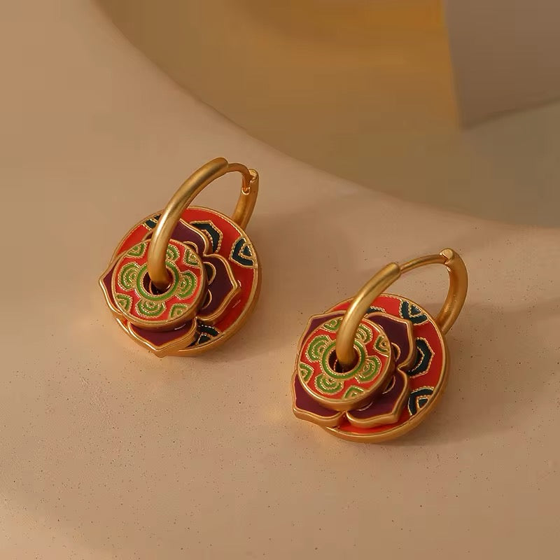 Retro Round Circle Buckle with Colorful Red Flower Drop Earrings earrings LUNARITY GARAGE   