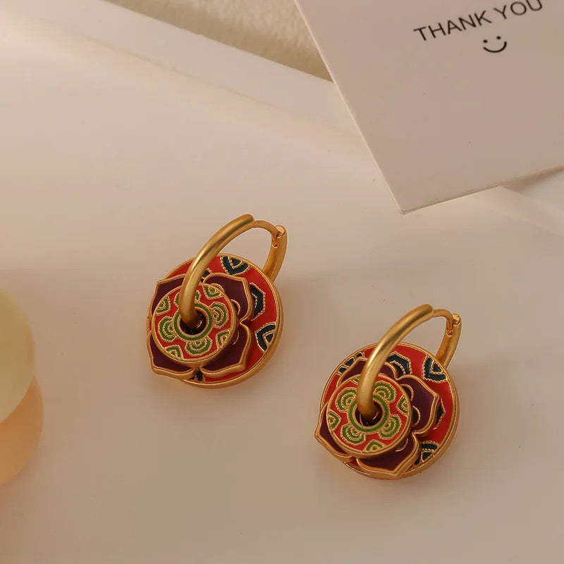 Retro Round Circle Buckle with Colorful Red Flower Drop Earrings earrings LUNARITY GARAGE