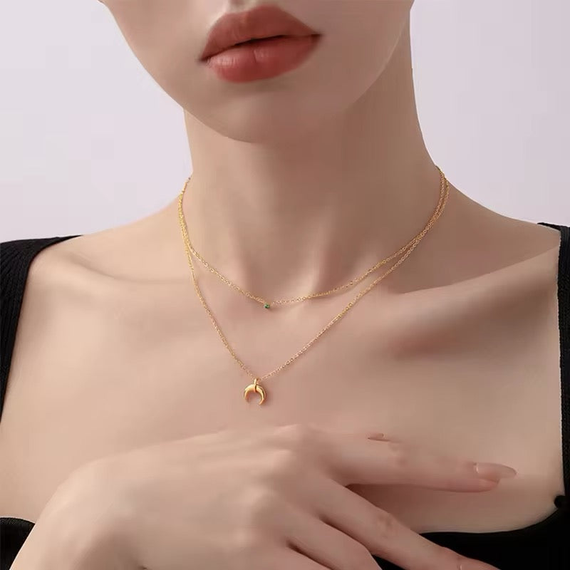 Charming Double Layer Chain Zircon Crescent Pendant Necklace necklaces LUNARITY GARAGE