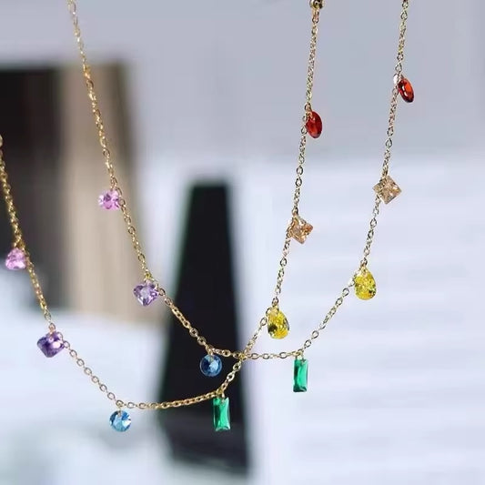 Bohemia Colorful Stainless Steel Cubic Zircon Bracelet Necklace Jewelry Set