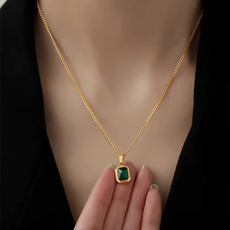 Elegant Retro Square Green Zircon Pendant Necklace necklaces LUNARITY GARAGE