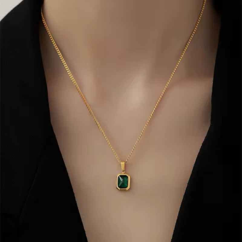 Elegant Retro Square Green Zircon Pendant Necklace necklaces LUNARITY GARAGE