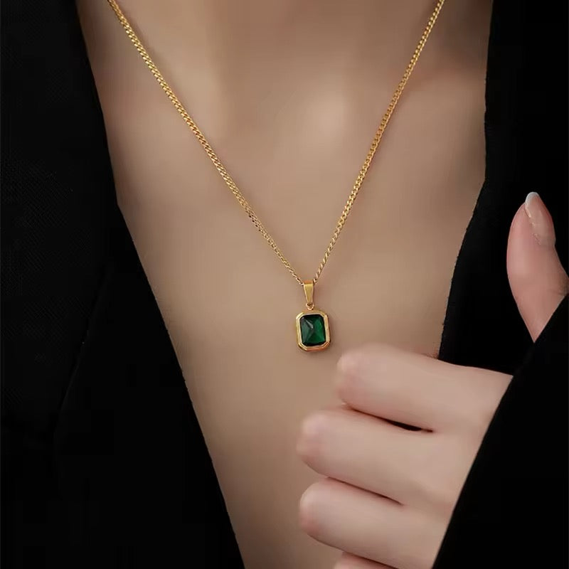 Elegant Retro Square Green Zircon Pendant Necklace necklaces LUNARITY GARAGE