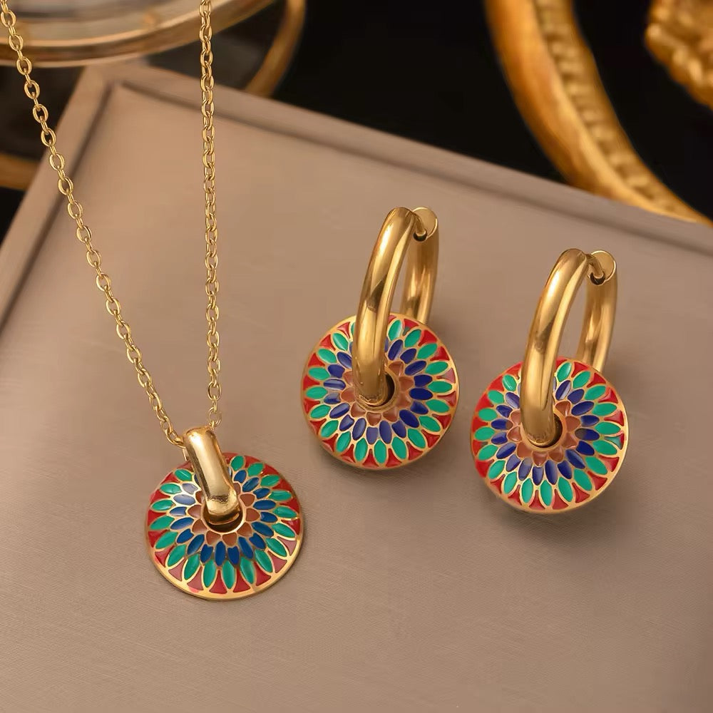 Retro Romantic Color Enamel Round Gold Hoop Earrings and Necklace Set set LUNARITY GARAGE Set  