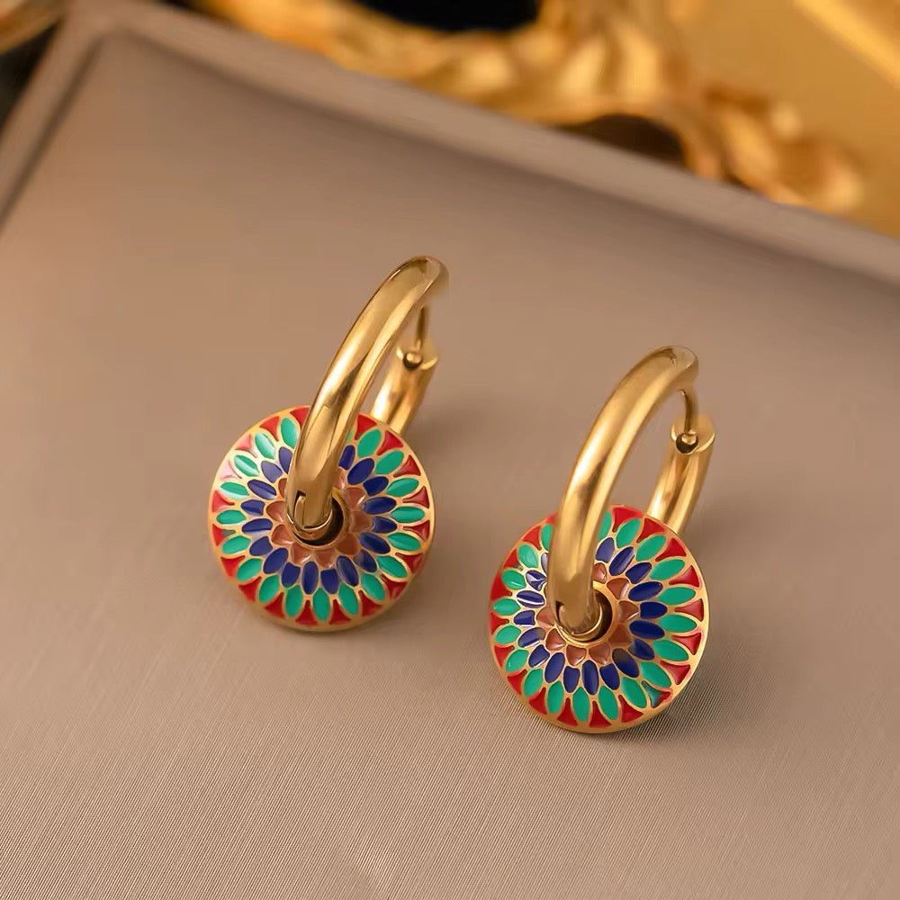 Retro Romantic Color Enamel Round Gold Hoop Earrings and Necklace Set set LUNARITY GARAGE Earring  