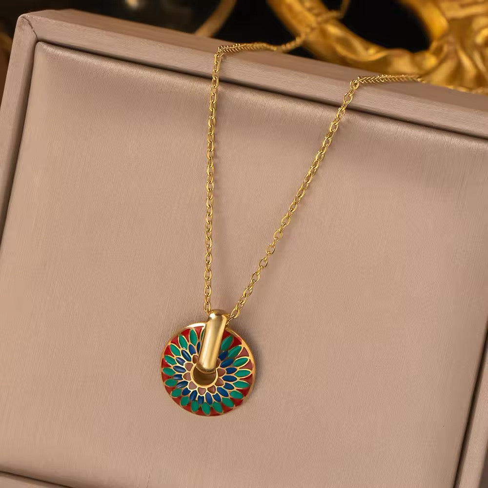 Retro Romantic Color Enamel Round Gold Hoop Earrings and Necklace Set set LUNARITY GARAGE Necklace  