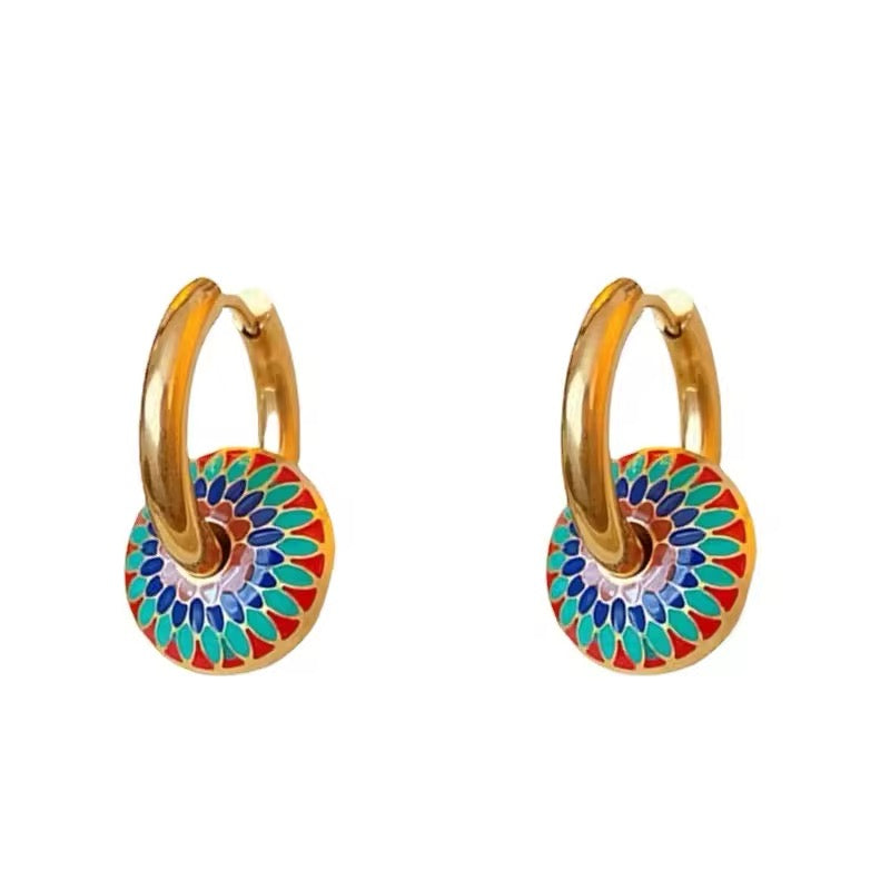 Retro Romantic Color Enamel Round Gold Hoop Earrings and Necklace Set set LUNARITY GARAGE   