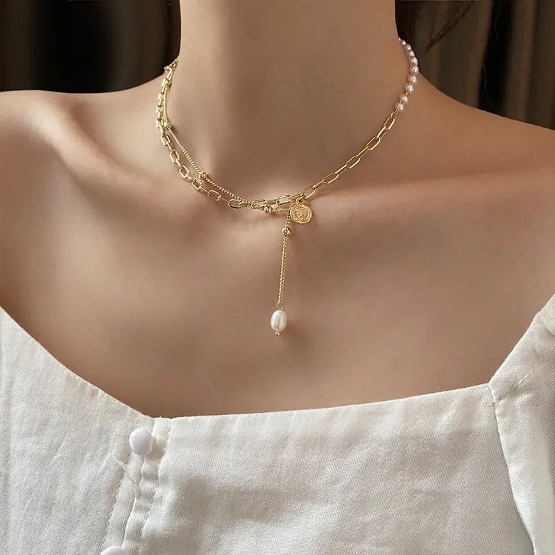 Vintage Korean Double Layer Pearl Chain Necklace necklaces LUNARITY GARAGE Gold  