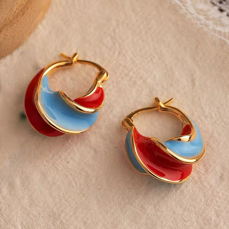 Unique Wave Style Two Tone Enamel Hoop Earrings earrings LUNARITY GARAGE Red  