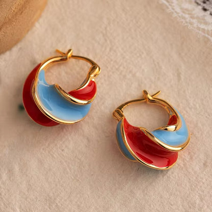 Unique Wave Style Two Tone Enamel Hoop Earrings earrings LUNARITY GARAGE Red  