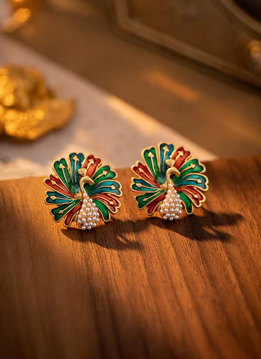 Vintage Multi Color Pearl Peacock Stud Earrings earrings LUNARITY GARAGE   