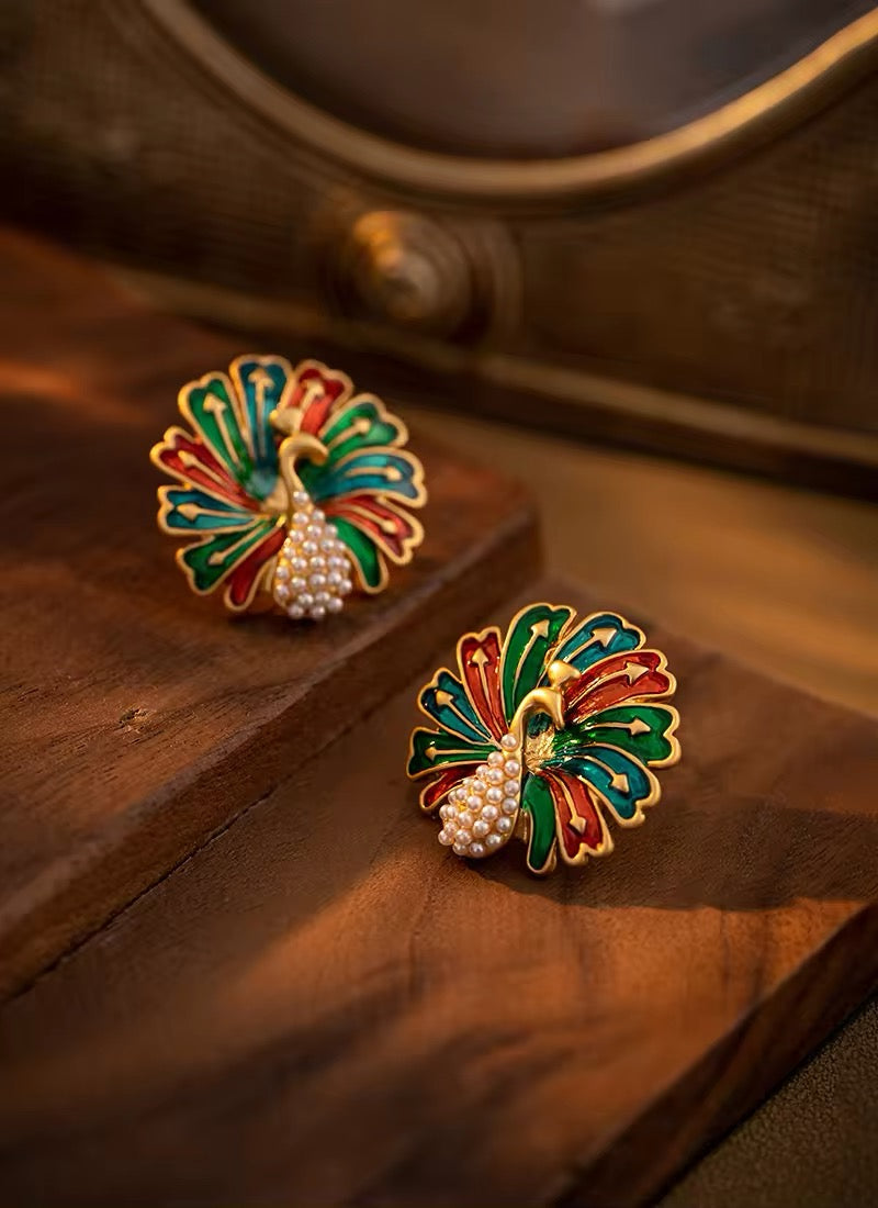 Vintage Multi Color Pearl Peacock Stud Earrings earrings LUNARITY GARAGE