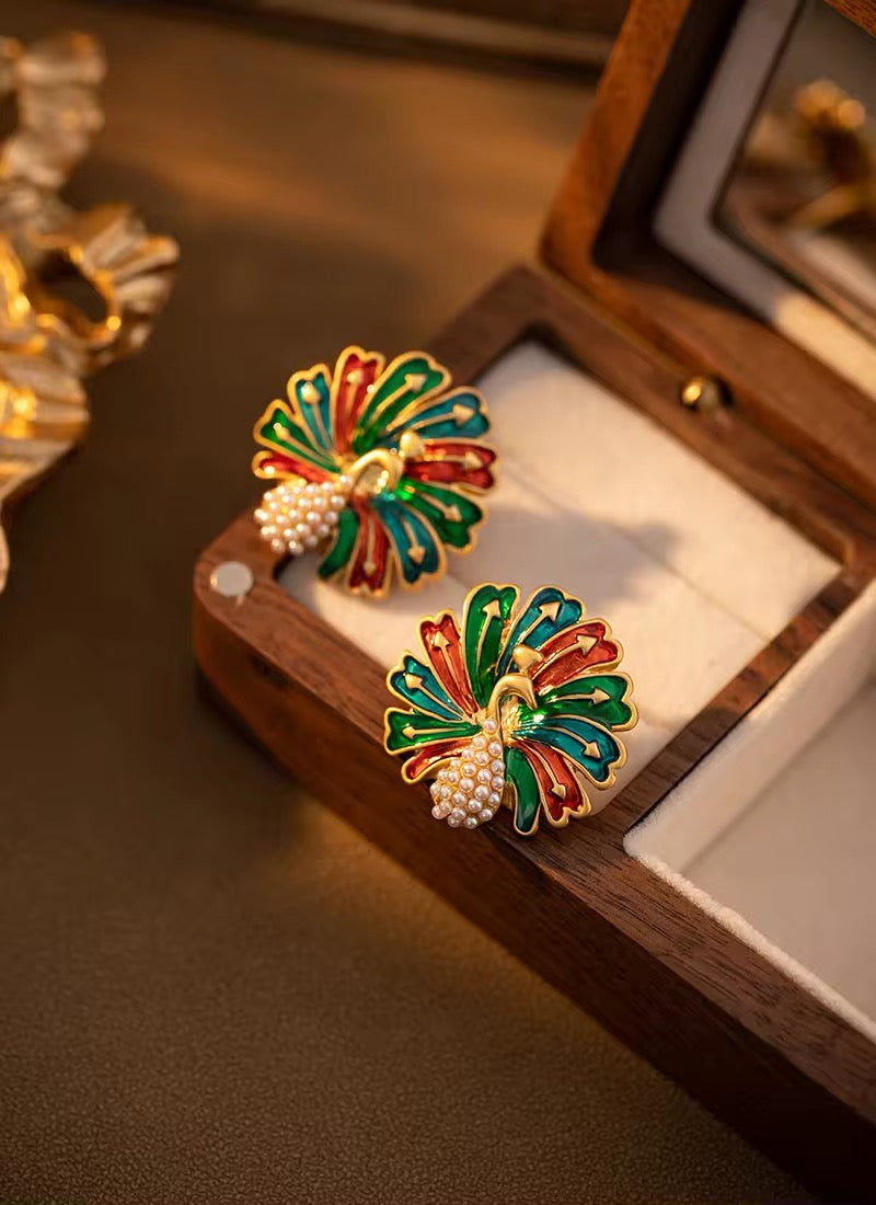 Vintage Multi Color Pearl Peacock Stud Earrings earrings LUNARITY GARAGE