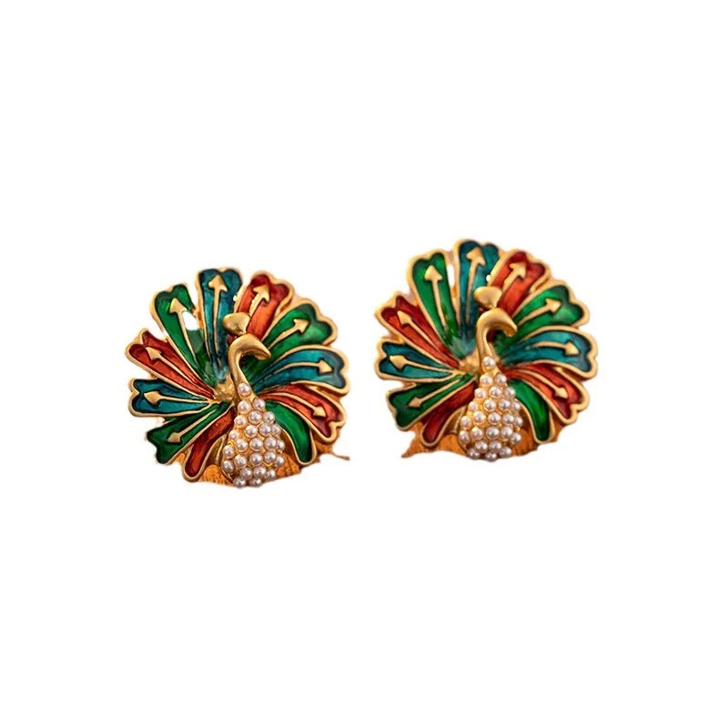 Vintage Multi Color Pearl Peacock Stud Earrings earrings LUNARITY GARAGE