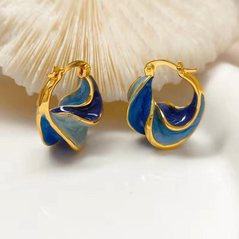 Retro Unique Wave Two-Tone Enamel Hoop Earrings earrings LUNARITY GARAGE Blue