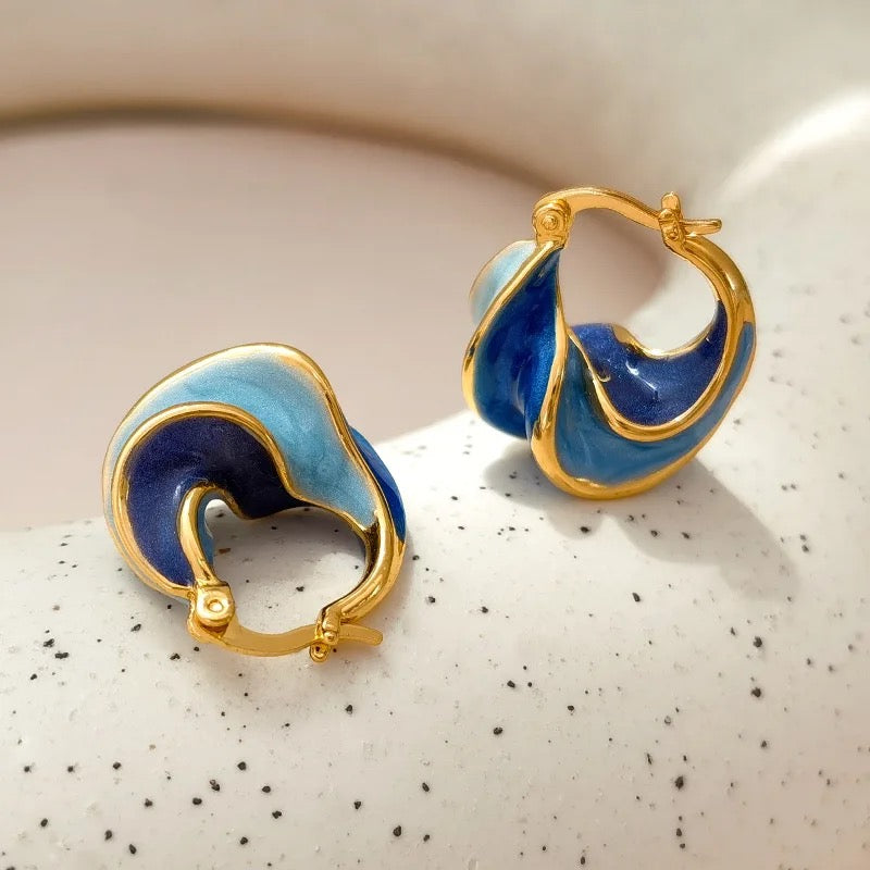 Retro Unique Wave Two-Tone Enamel Hoop Earrings earrings LUNARITY GARAGE   