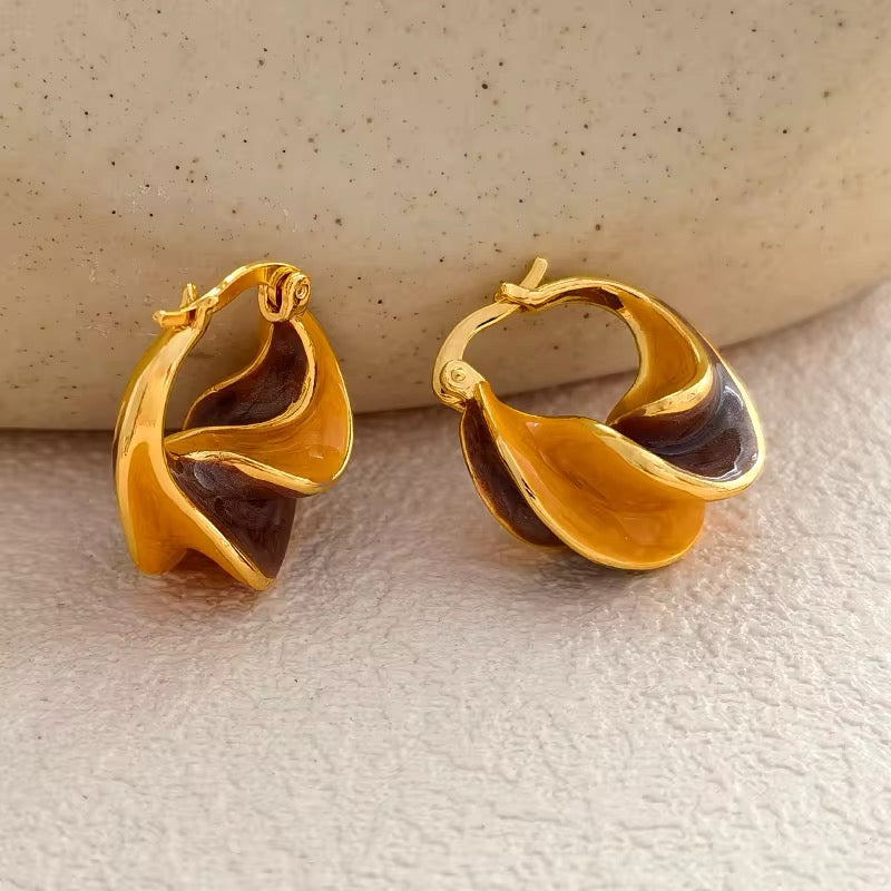 Retro Unique Wave Two-Tone Enamel Hoop Earrings earrings LUNARITY GARAGE Brown