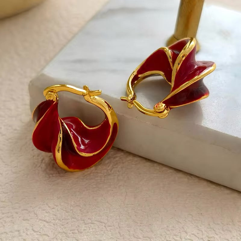 Retro Unique Wave Two-Tone Enamel Hoop Earrings earrings LUNARITY GARAGE Red