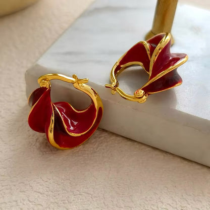 Retro Unique Wave Two-Tone Enamel Hoop Earrings earrings LUNARITY GARAGE Red  