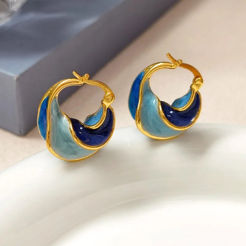 Retro Unique Wave Two-Tone Enamel Hoop Earrings earrings LUNARITY GARAGE   