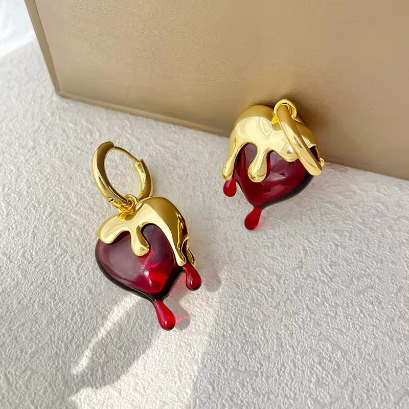 Delicate Vintage Liquid Gold Irregular Red Resin Heart Earrings earrings LUNARITY GARAGE