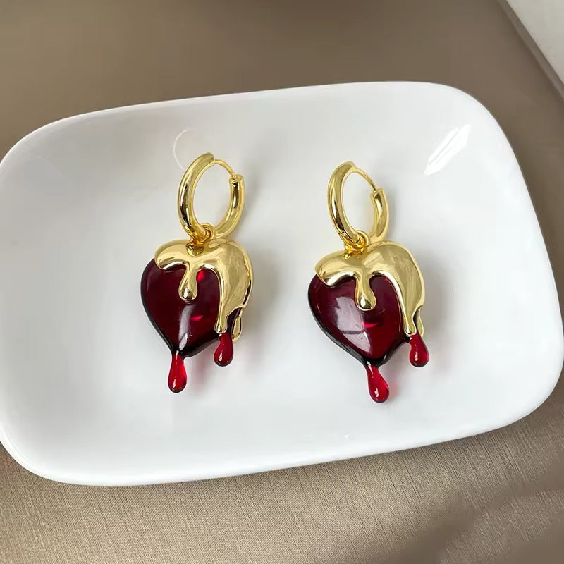 Delicate Vintage Liquid Gold Irregular Red Resin Heart Earrings earrings LUNARITY GARAGE   