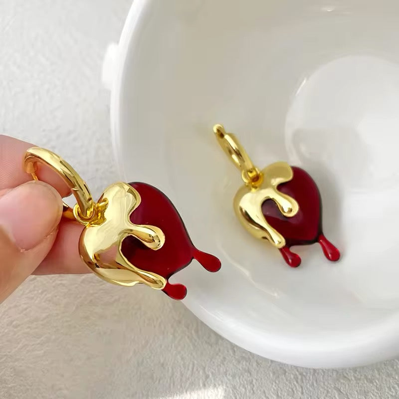 Delicate Vintage Liquid Gold Irregular Red Resin Heart Earrings earrings LUNARITY GARAGE