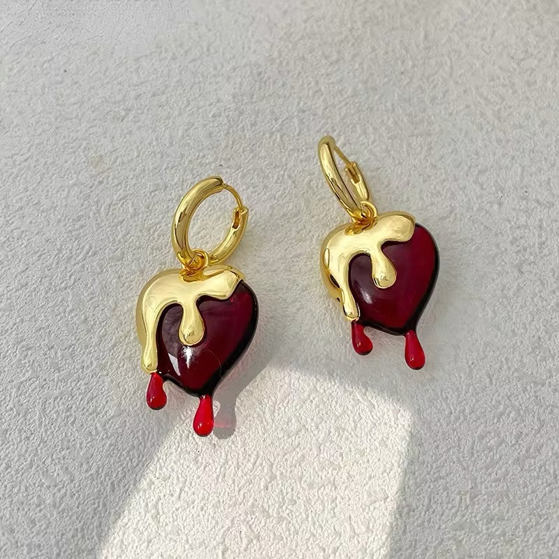 Delicate Vintage Liquid Gold Irregular Red Resin Heart Earrings earrings LUNARITY GARAGE   