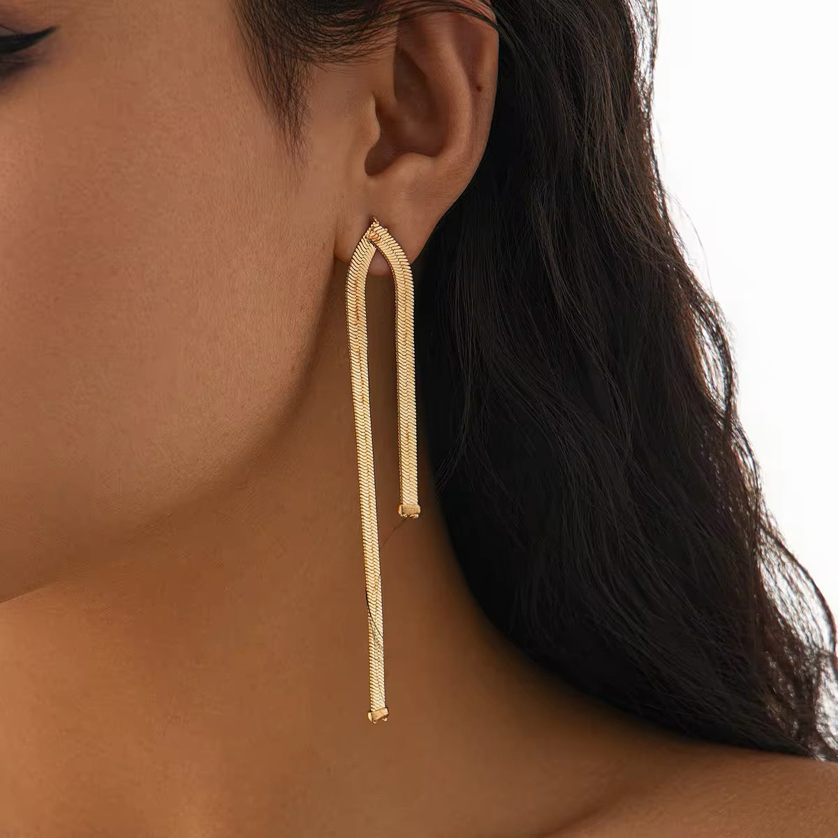 Simple Luxury Design Long Flat Snake Chain Earrings earrings LUNARITY GARAGE Gold