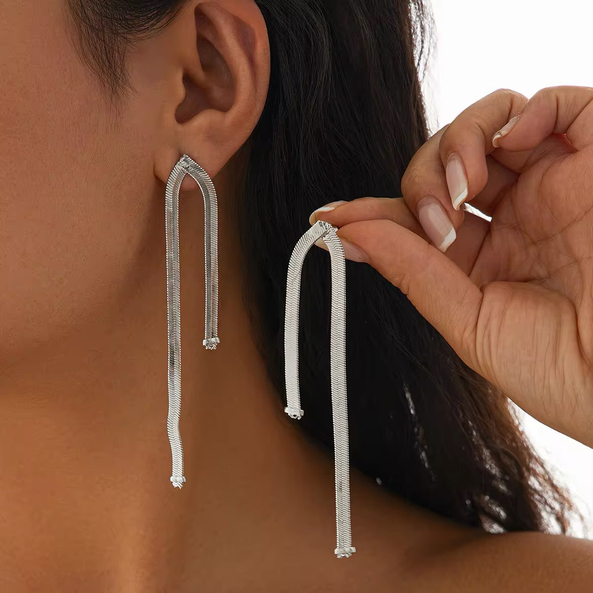 Simple Luxury Design Long Flat Snake Chain Earrings earrings LUNARITY GARAGE   