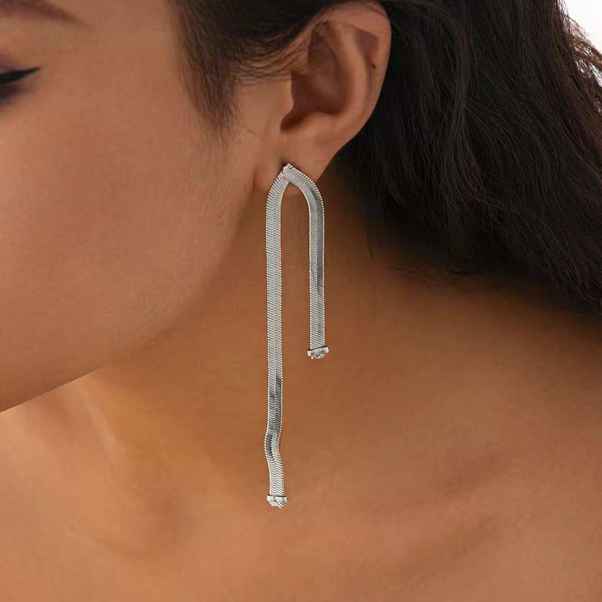 Simple Luxury Design Long Flat Snake Chain Earrings earrings LUNARITY GARAGE Silver