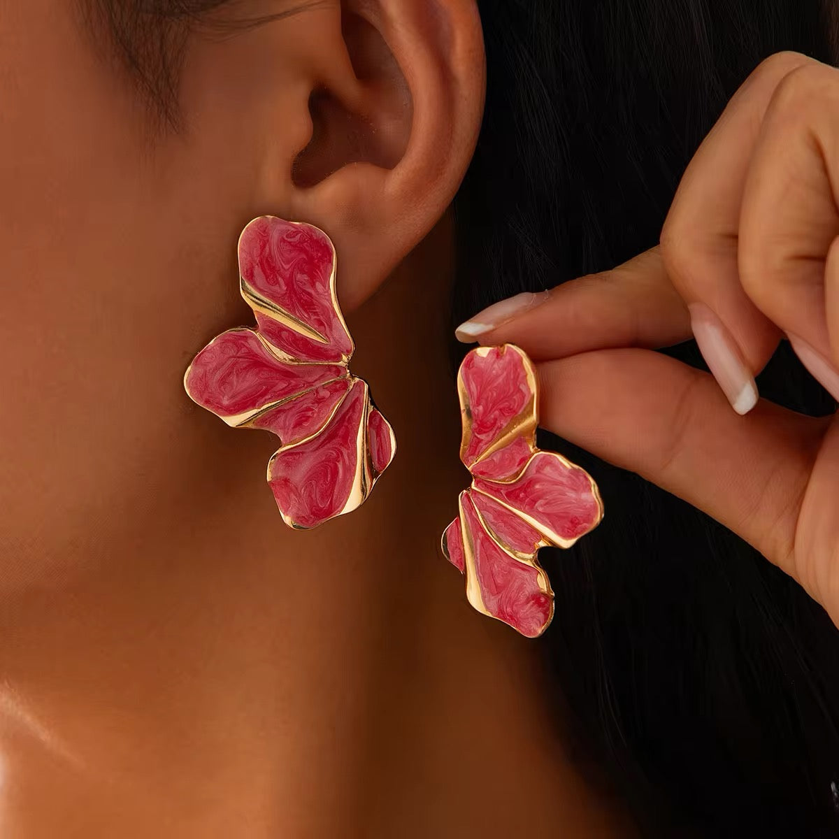 Asymmetric Charming Enamel Flower Petal Stud Earrings earrings LUNARITY GARAGE Red  