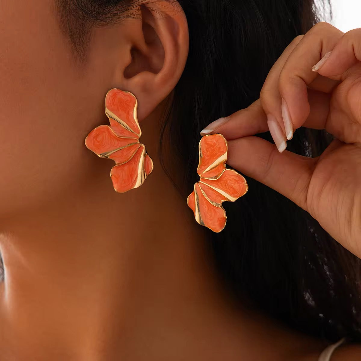 Asymmetric Charming Enamel Flower Petal Stud Earrings earrings LUNARITY GARAGE Orange