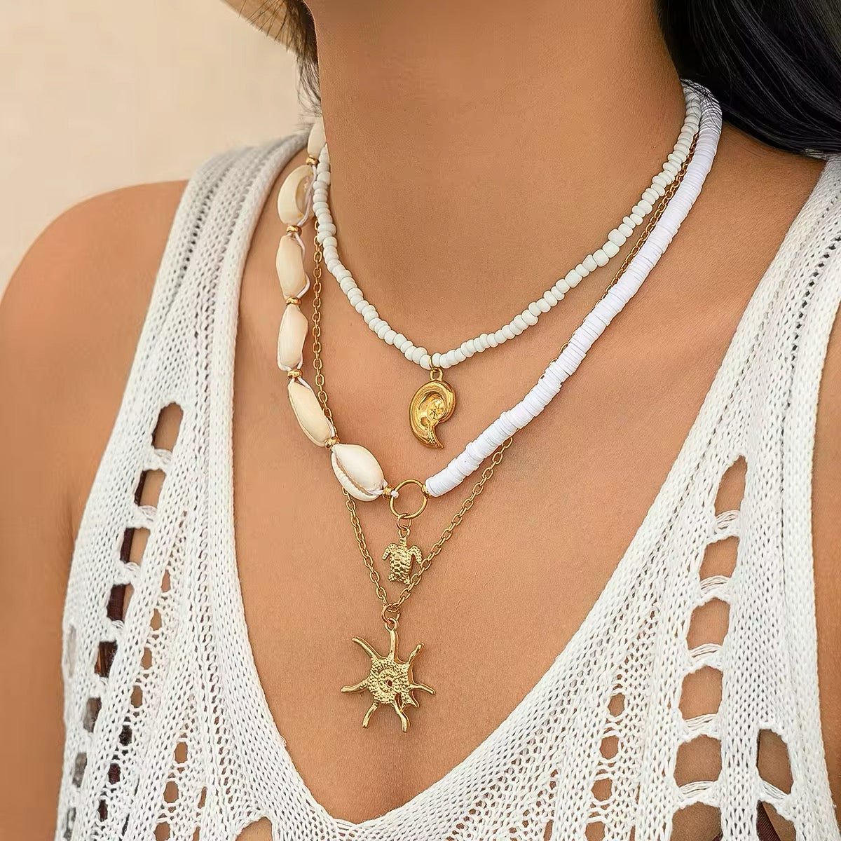 3-Piece Boho Set - Gold Color Sea Turtle, Seashell, and Sun Conch Pendant Necklace necklaces LUNARITY GARAGE   