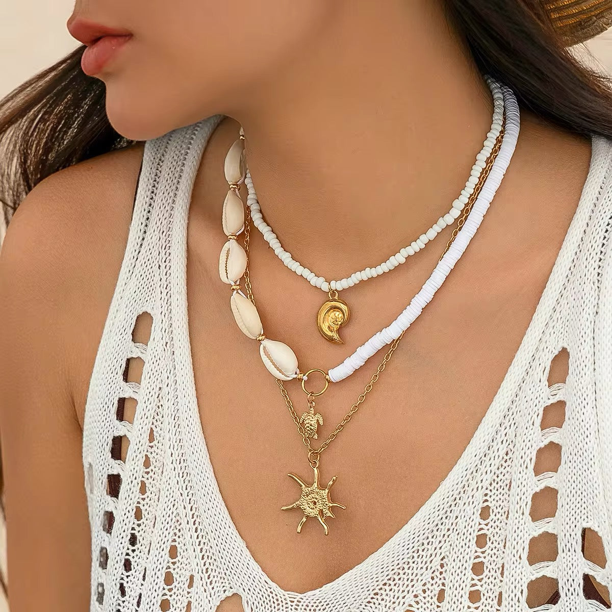 3-Piece Boho Set - Gold Color Sea Turtle, Seashell, and Sun Conch Pendant Necklace necklaces LUNARITY GARAGE