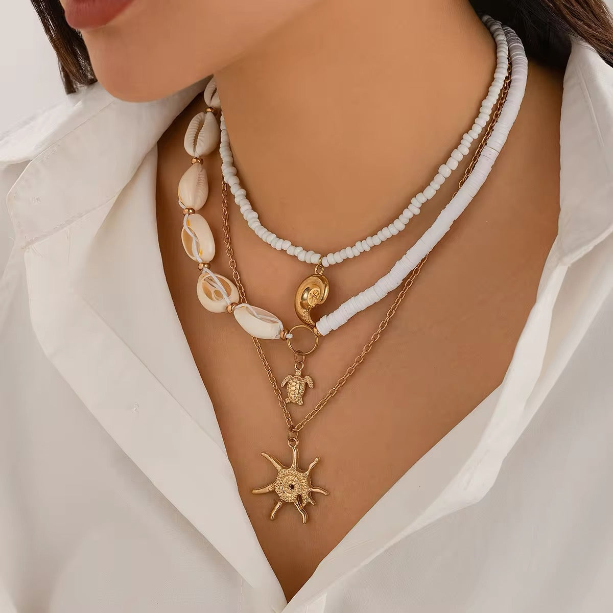 3-Piece Boho Set - Gold Color Sea Turtle, Seashell, and Sun Conch Pendant Necklace necklaces LUNARITY GARAGE   