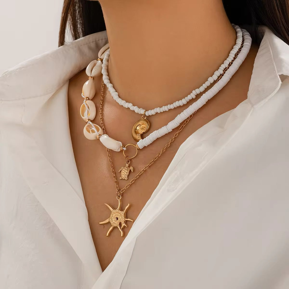 3-Piece Boho Set - Gold Color Sea Turtle, Seashell, and Sun Conch Pendant Necklace necklaces LUNARITY GARAGE   