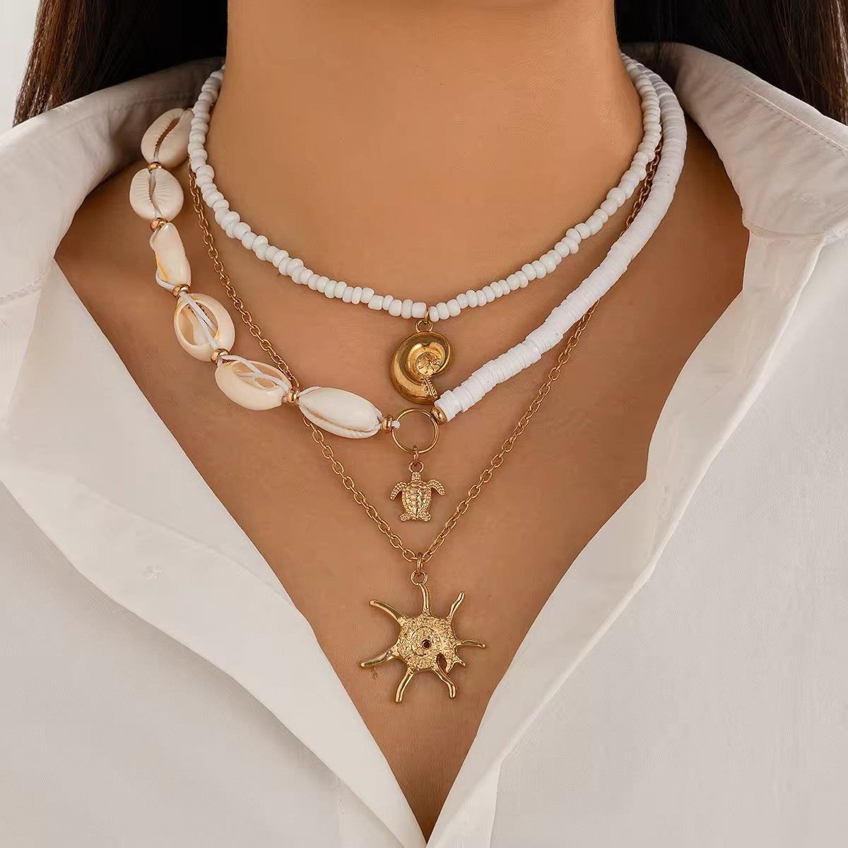 3-Piece Boho Set - Gold Color Sea Turtle, Seashell, and Sun Conch Pendant Necklace necklaces LUNARITY GARAGE   