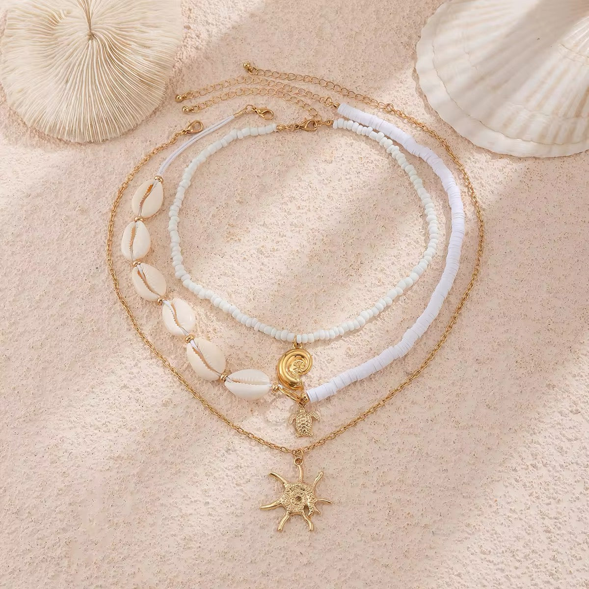3-Piece Boho Set - Gold Color Sea Turtle, Seashell, and Sun Conch Pendant Necklace necklaces LUNARITY GARAGE