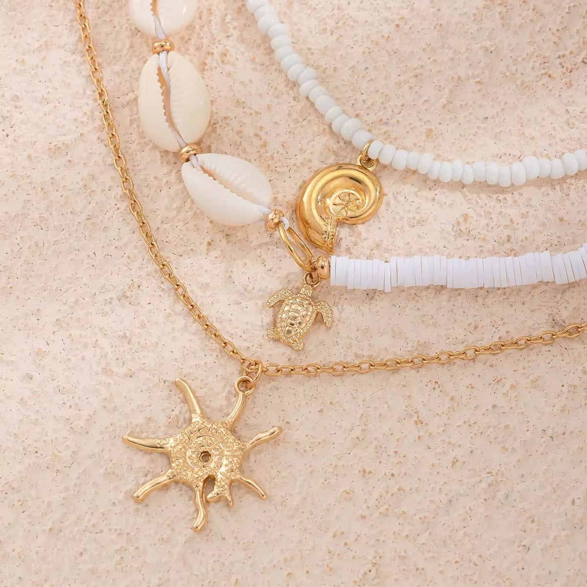 3-Piece Boho Set - Gold Color Sea Turtle, Seashell, and Sun Conch Pendant Necklace necklaces LUNARITY GARAGE